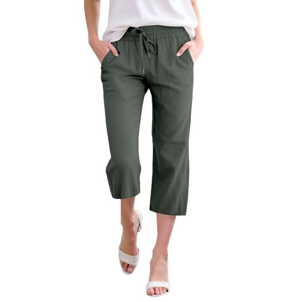 Pantalones de mujer de cintura alta y pierna ancha - Pantalones de poliéster elásticos con cordón y bolsillos, tallas S-XXXL