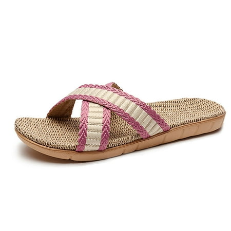 

shuwee Unisex Home Slippers Flax Men and Women House Slipper Open-Toe Breathable Pink 40-41