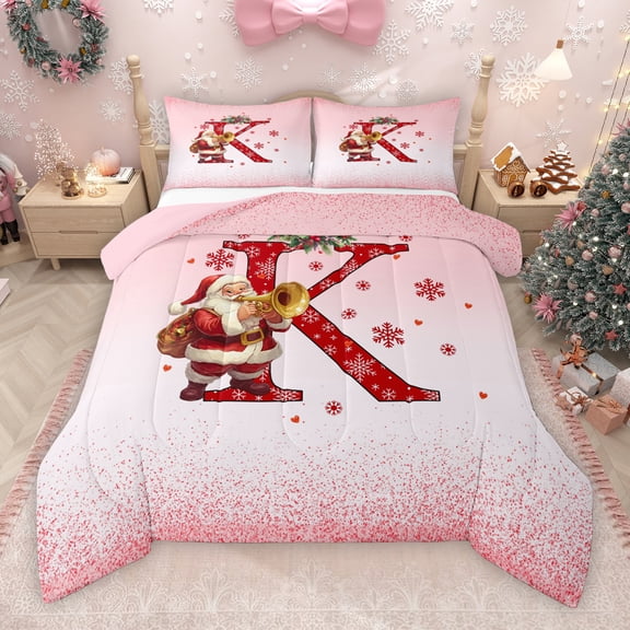 Manfei Teens Merry Christmas Bedding Comforter Set, Initial Letter K Twin Comforter Sets, Girly Pink Princess Cartoon Reversible Bedding Set, Luxury Bedroom Decor, 2-Piece