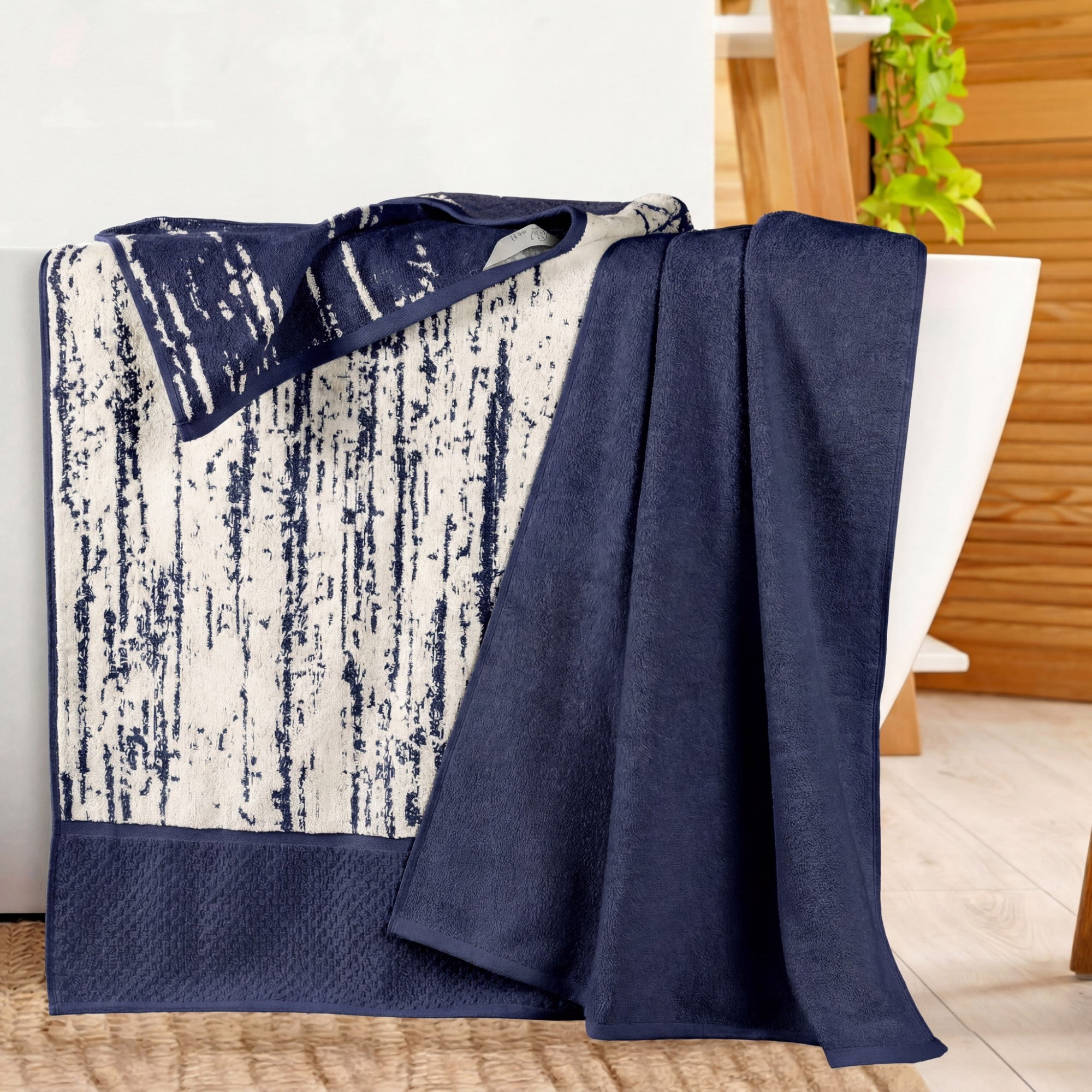 Superior Modern Cotton 2 Piece Oversized Bath Sheet Set Mixed Pattern, Navy Blue-Ivory