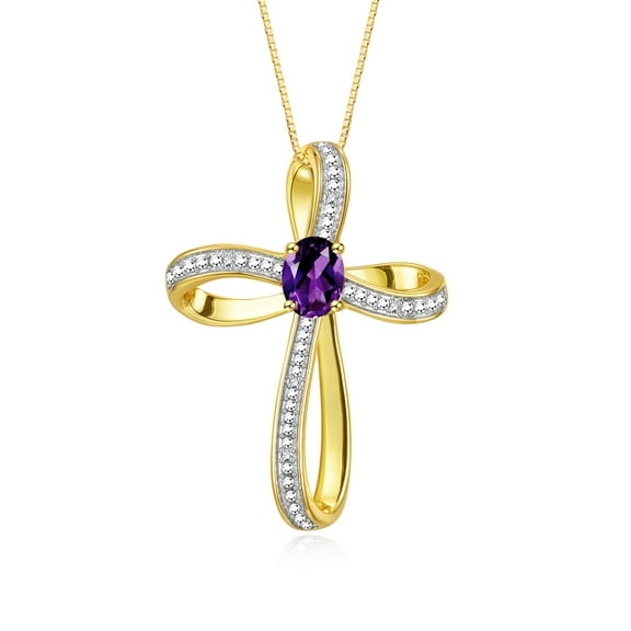 RYLOS Necklace Yellow Gold 14K Cross Necklace Gemstone &  Diamonds Pendant With 18" Chain 8X6MM Amethyst February Birthstone Womens Jewelry Gold Necklace