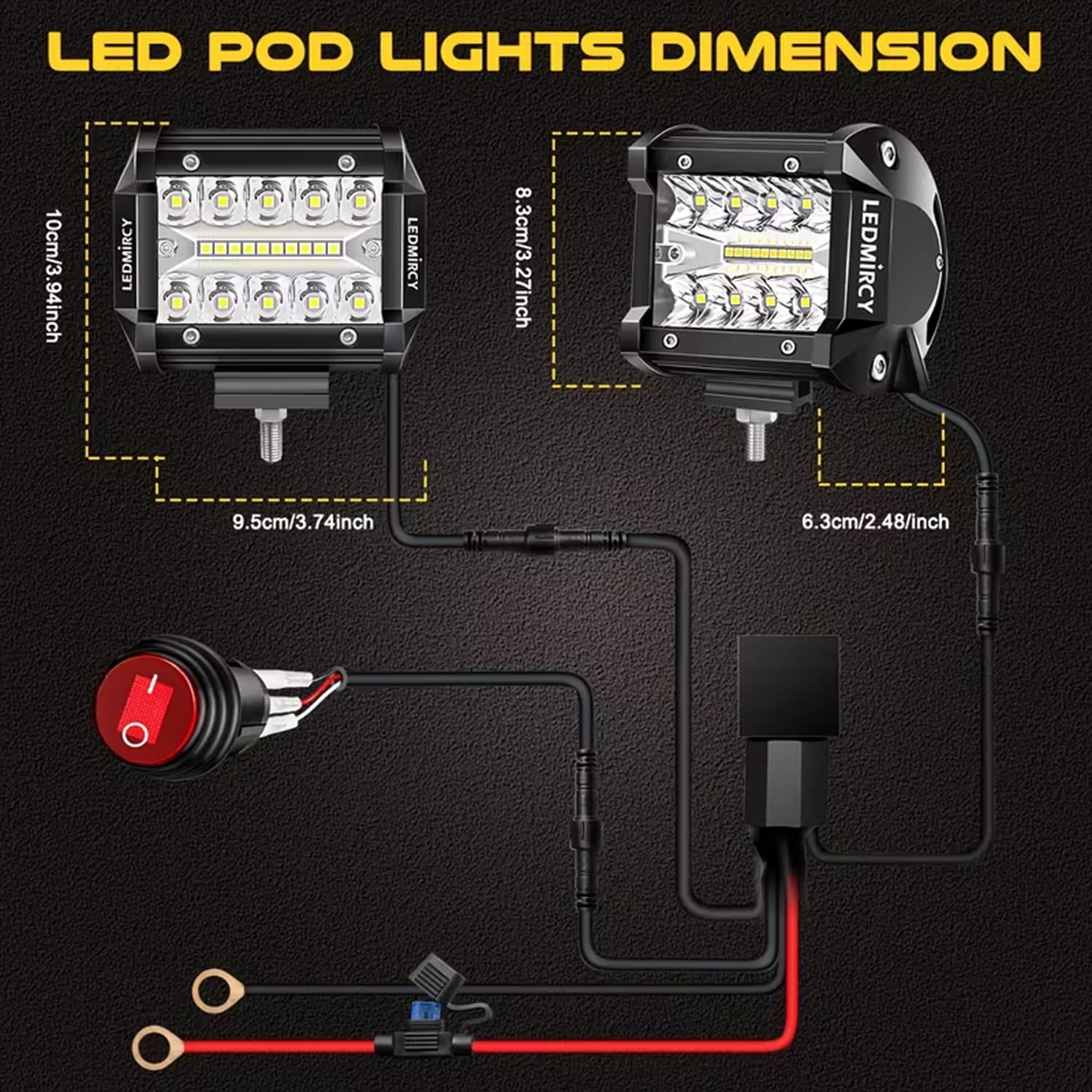 LEDMIRCY 4 inch LED Pod Lights Kit with Round Toggle Switch Wiring Harness LED Light Bar 2 Lead Spot Flood Combo Beam White Driving off Road Lights for Truck Tractor Excavator Boat Atv Suv Utv Gmc