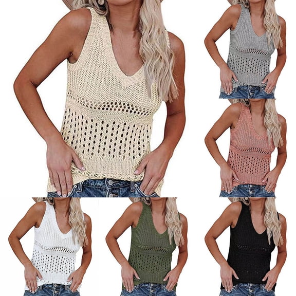 Fengqque Womens Summer V Neck Tops Sleeveless Tank Top Hollowed-out Knitted Sweater Vest Solid Women's T-shirt White XL(XL)