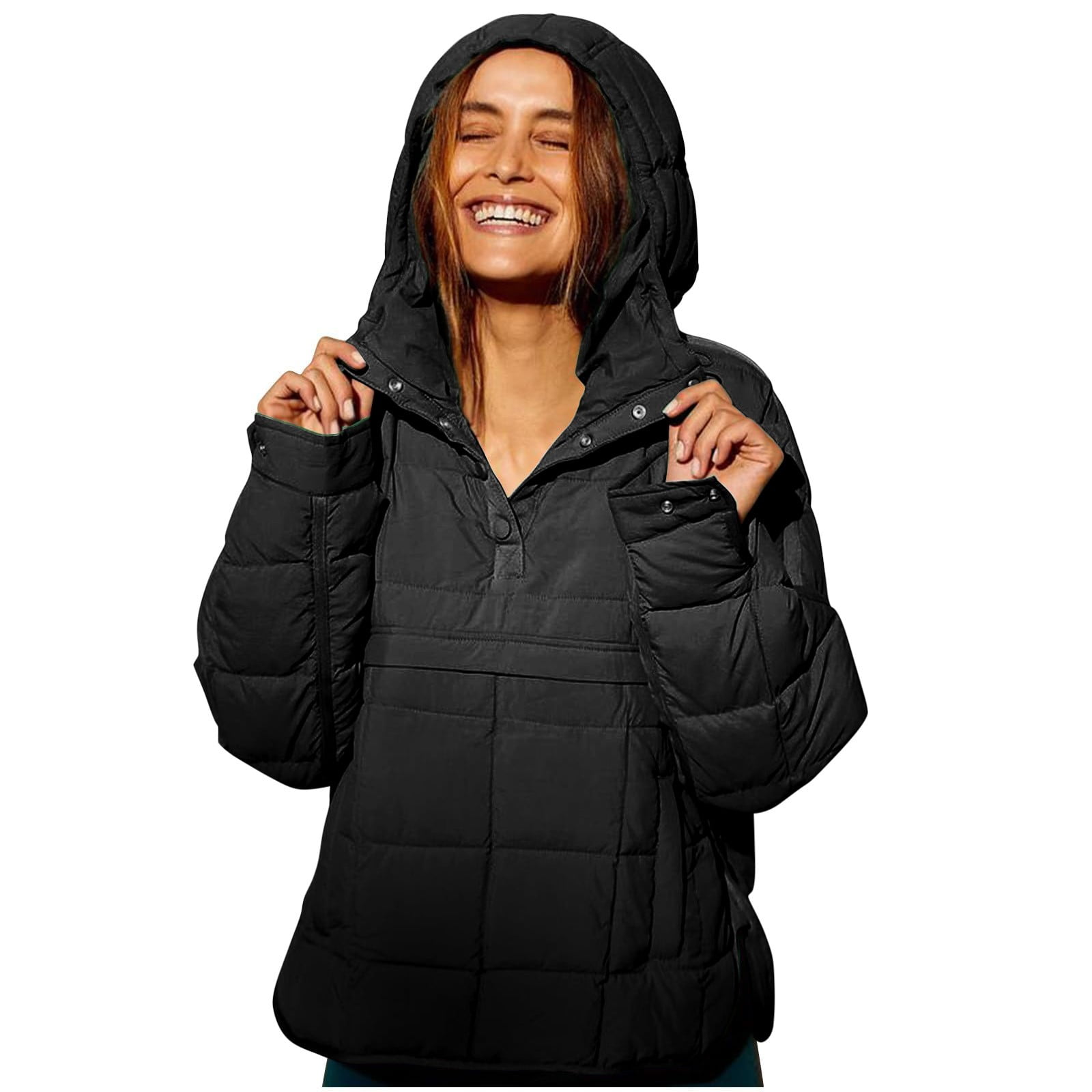 Hoodies for Women Pullover Women's Quilted Pullover Puffer Jacket Oversized Long Sleeve Hooded Coats Winter Warm Lightweight Outwear with Pocket Womens Hoodies Black L - image 2