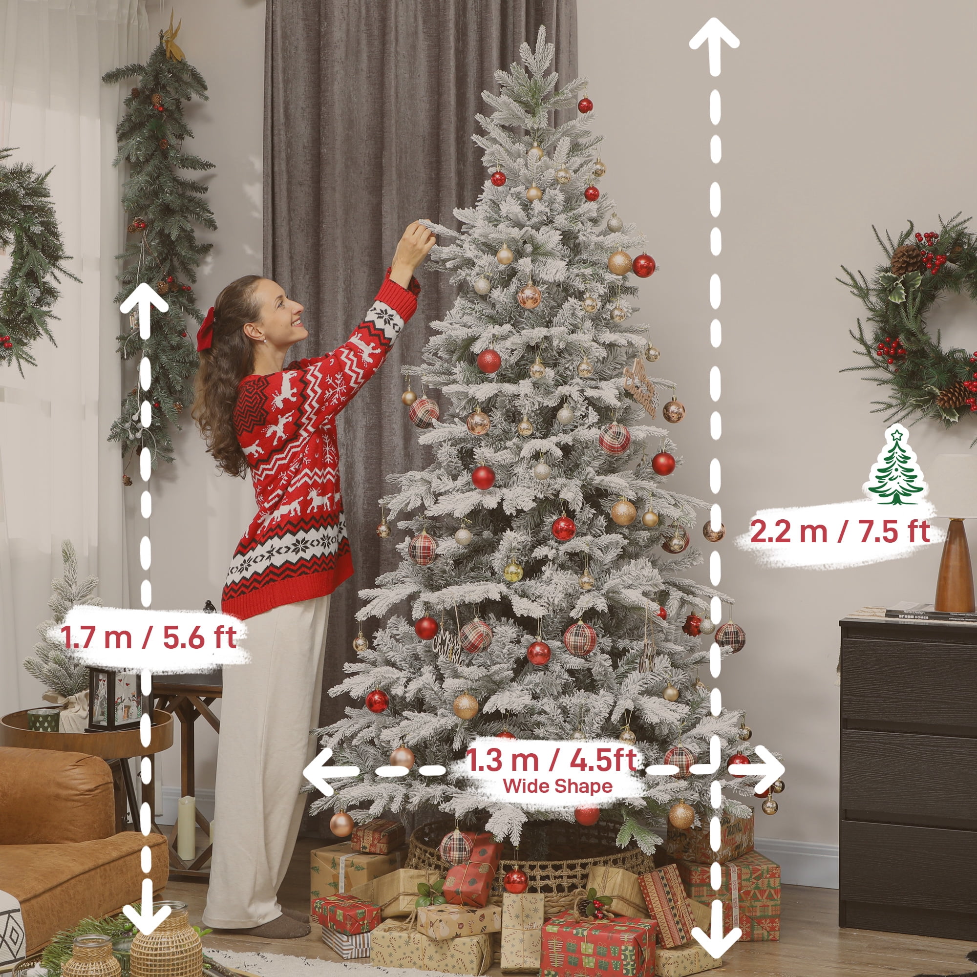 7.5ft Snow Flocked Full Christmas Tree 1762 Tips Quick Setup Flame Retardant Indoor Holiday Decor