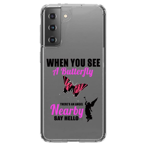 DistinctInk Clear Shockproof Hybrid Case for Galaxy S21 5G (6.2" Screen) - TPU Bumper Acrylic Back Tempered Glass Screen Protector - See Butterfly, Angel is Nearby