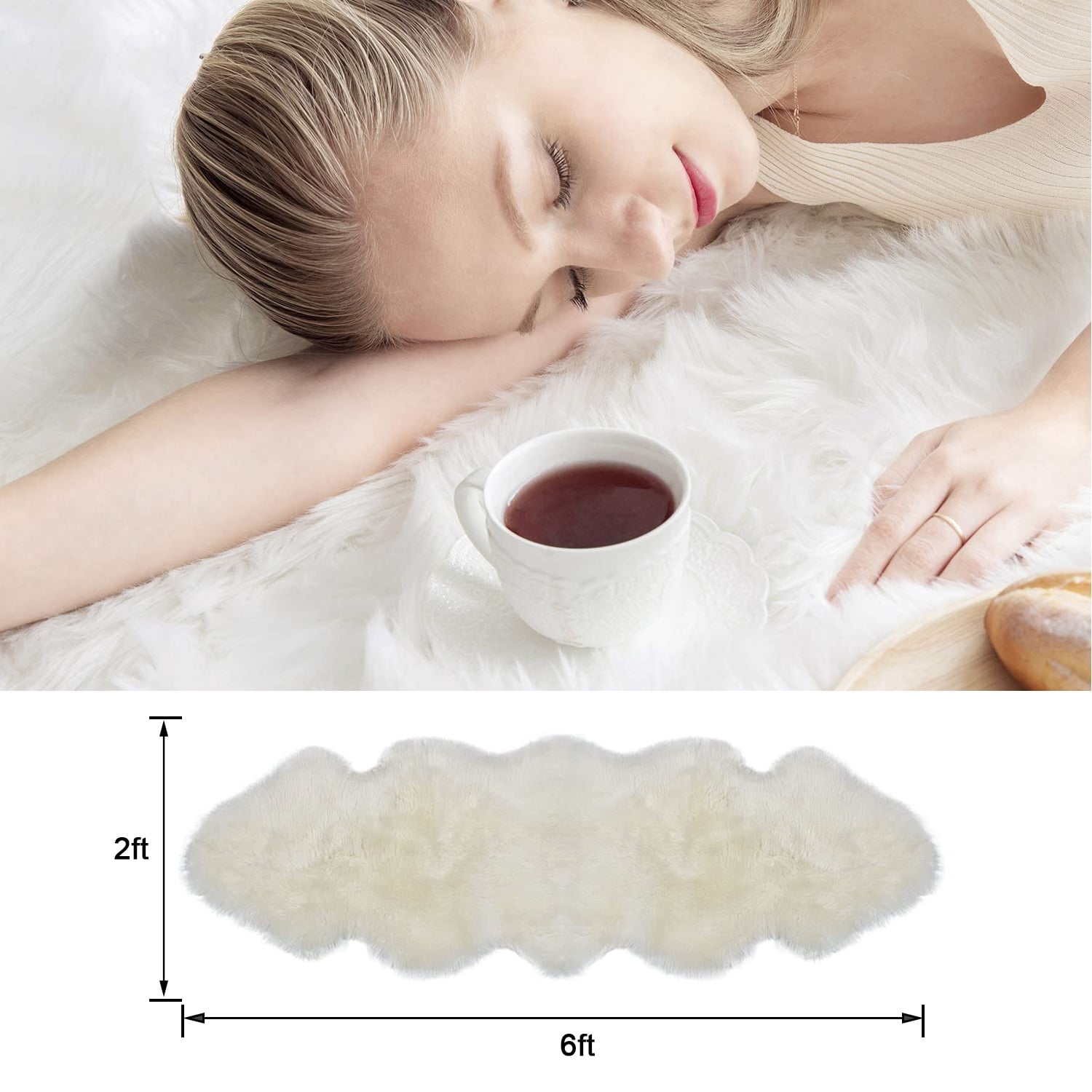 Faux Fur Rug, Fluffy Shaggy Area Rug Ultra Soft 2 x 6 Feet Sheepskin Fur Rug, White Fuzzy Rug Machine Washable Shag Rug, Decor Throw Rugs for Bedroom, Room, Living Room,White