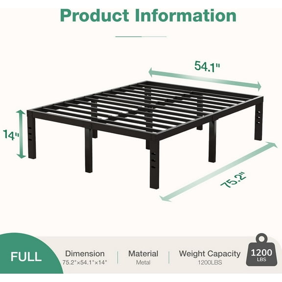 Full Size Bed Frame, 14 Inch Metal Platform Bed Frame Full Size with Storage Space Under Bed, Heavy Duty Steel Slat Support, Easy Assembly, No Box Spring Needed