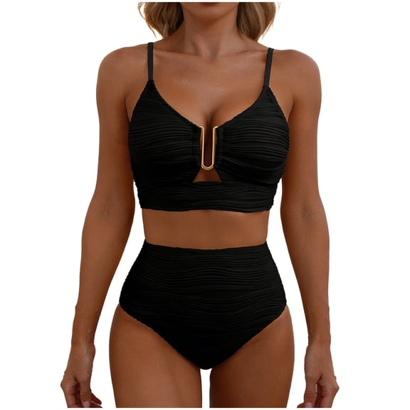 Ecqkame Womens Bikini Sets High Waisted V Neck Hollowed Out Two Piece Swimsuit Solid Color Textured Spaghetti Straps Bathing Suit Black XS