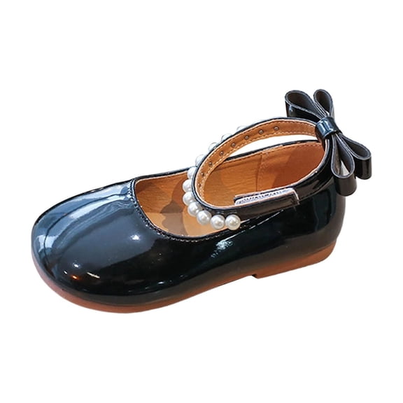 CUZIBR Toddler Kids Girls Dress Shoes Elegant Mary Jean Solid Color Pearl Bow Hook And Loop Ankle Strap Flat Sole Stylish Dressy Lightweight Wedding Party Princess Shoes,Black,2-2.5 Years