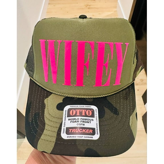Wifey Neon Pink Puff Camo and Olive Trucker Hat