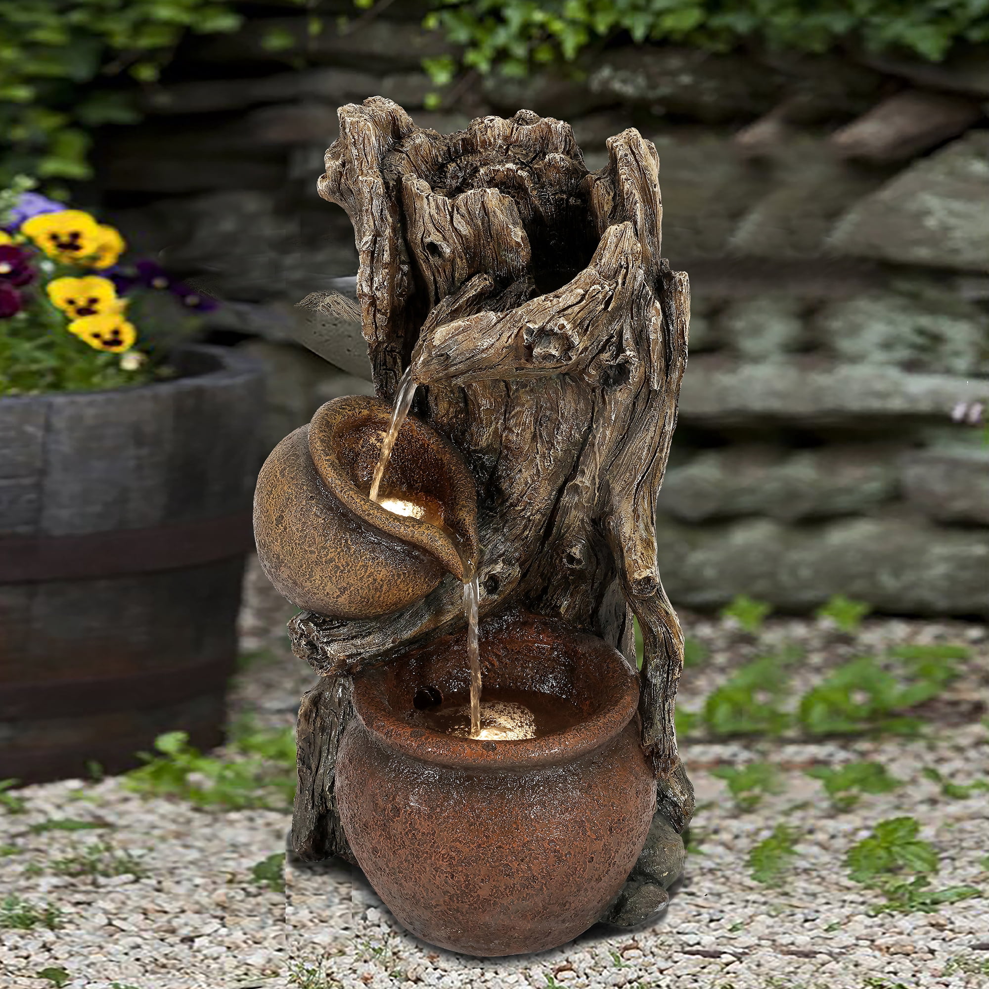 LuxenHome Brown Resin Tree Farmhouse Pots Outdoor Fountain with LED Lights