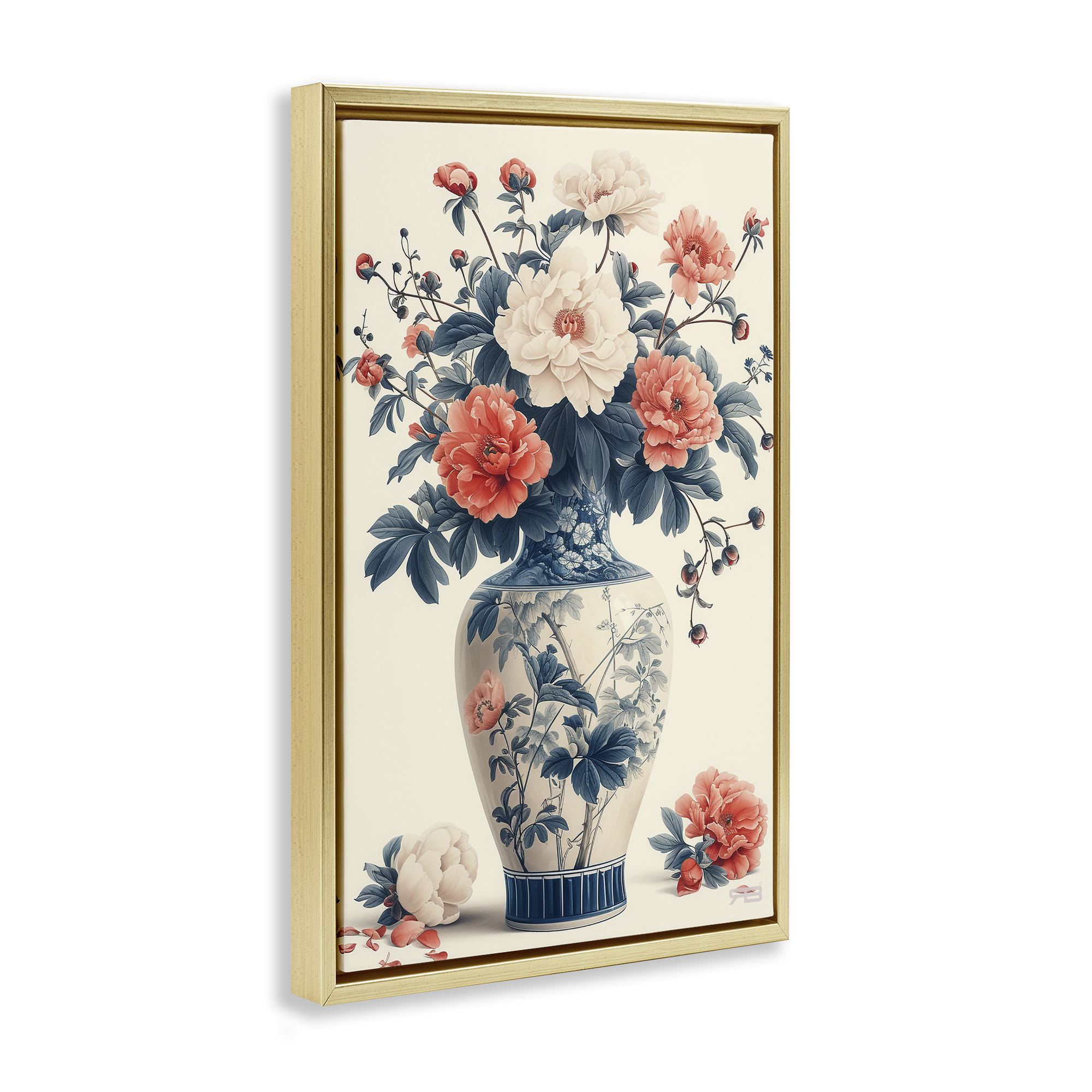 Stupell Industries Vintage Eastern Vase Botanical & Floral Painting Gold Floater Framed Art Print Wall Art, 17 x 25