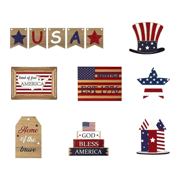 12PC Patriotic Tiered Tray Decor Set American Star Wooden Red White Blue Decorative Trays Table Topper 4th of July Party Desk Home Decor