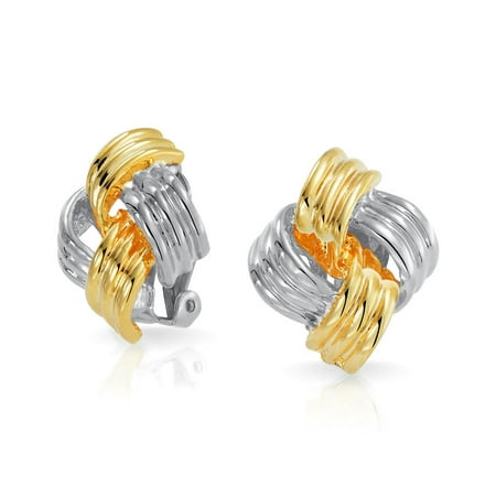 - Square Woven Love Knot Clip On Earrings Rhodium Plated