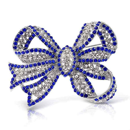 Royal Blue Fashion Color Large Fashion Statement Royal Blue Crystal Ribbon Bow Brooch Pin For Women Silver Plated ()