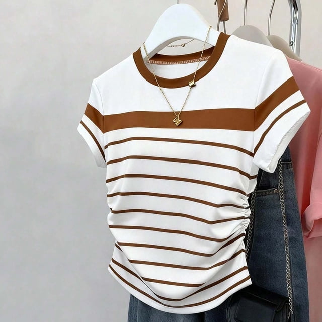 Uootdi Womens Color Block Striped Tops Round Neck Short Sleeve Ruched Side Design Everyday Chic Style Lightweight Comfortable Tees Gift