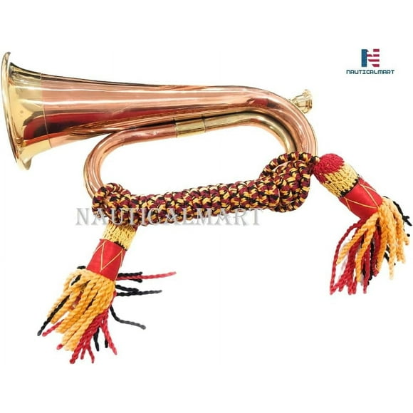 NauticalMart Heavy Brass And Copper Blowing Bugle Horn 10.6" Inch Signal Musical Instrument Classic Style With Beautiful Colourful Rope Binding