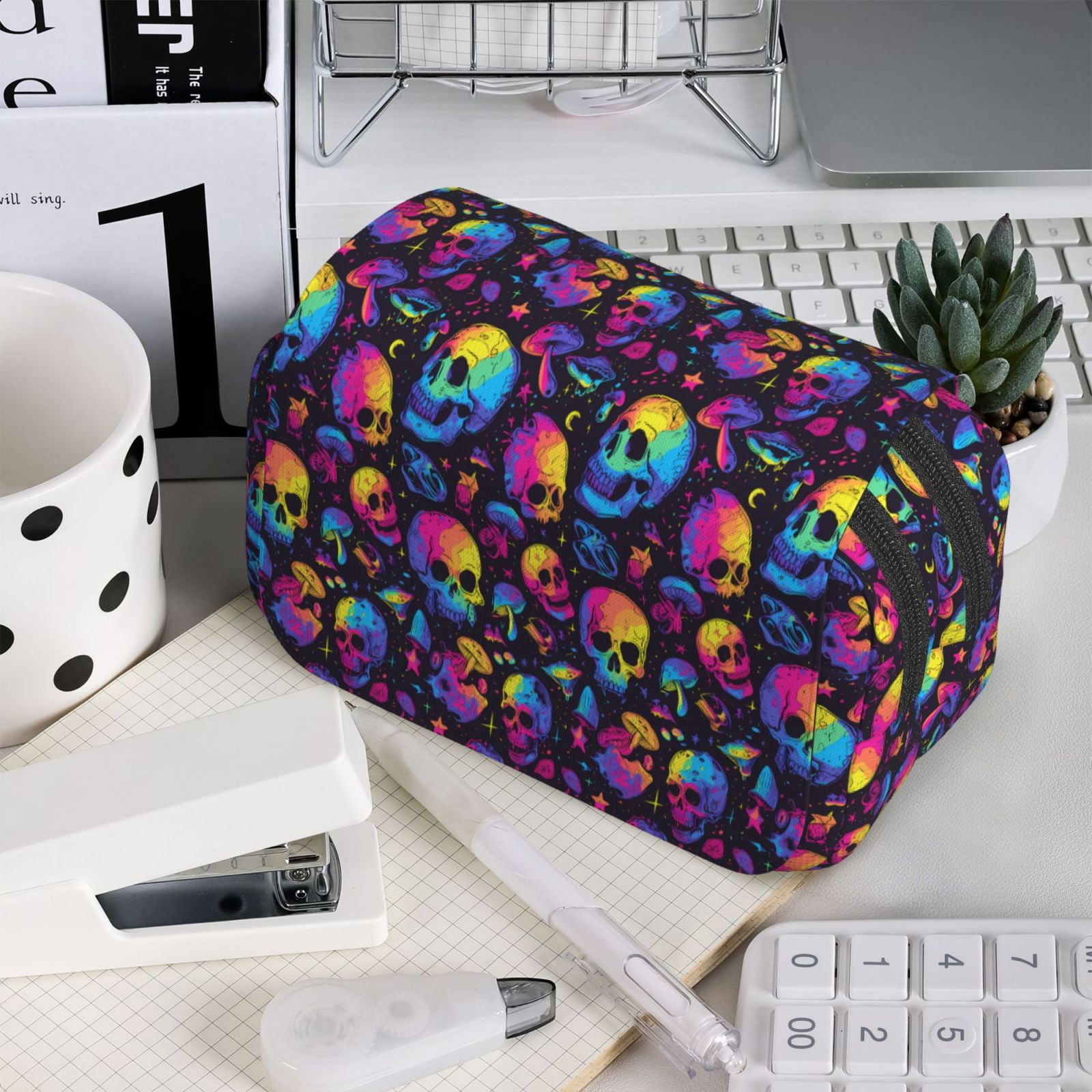 Rateoe mushroom rainbow color Skull Pattern Double Clamshell Pen Case, Storage Organizer with Two Zipper Compartments– Holds Up to 50 Pencils & Pens
