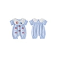 thumbnail image 2 of Cenuakty Baby 4th of July Romper Stripe Print America Flag Embroidery Short Sleeve Cape Collar Bodysuit, 2 of 9