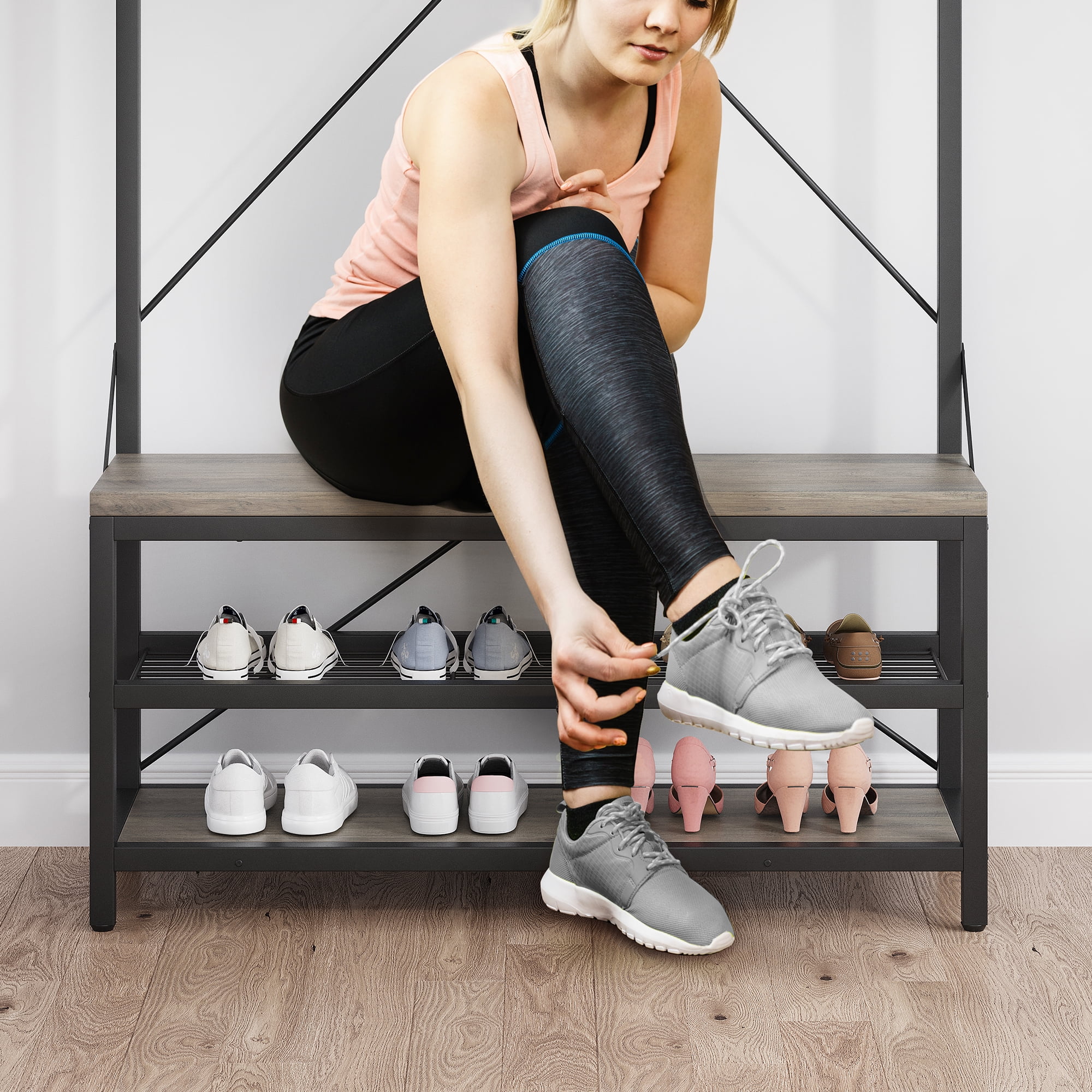 EastVita Coat Rack Shoe Bench Industrial Hall Tree Storage Bench for Entryway Wood Look Accent Large Shoe Rack Bench with Storage Shelf Hanging Bar,8 Hooks Grey 39.9"x15.7"x72"