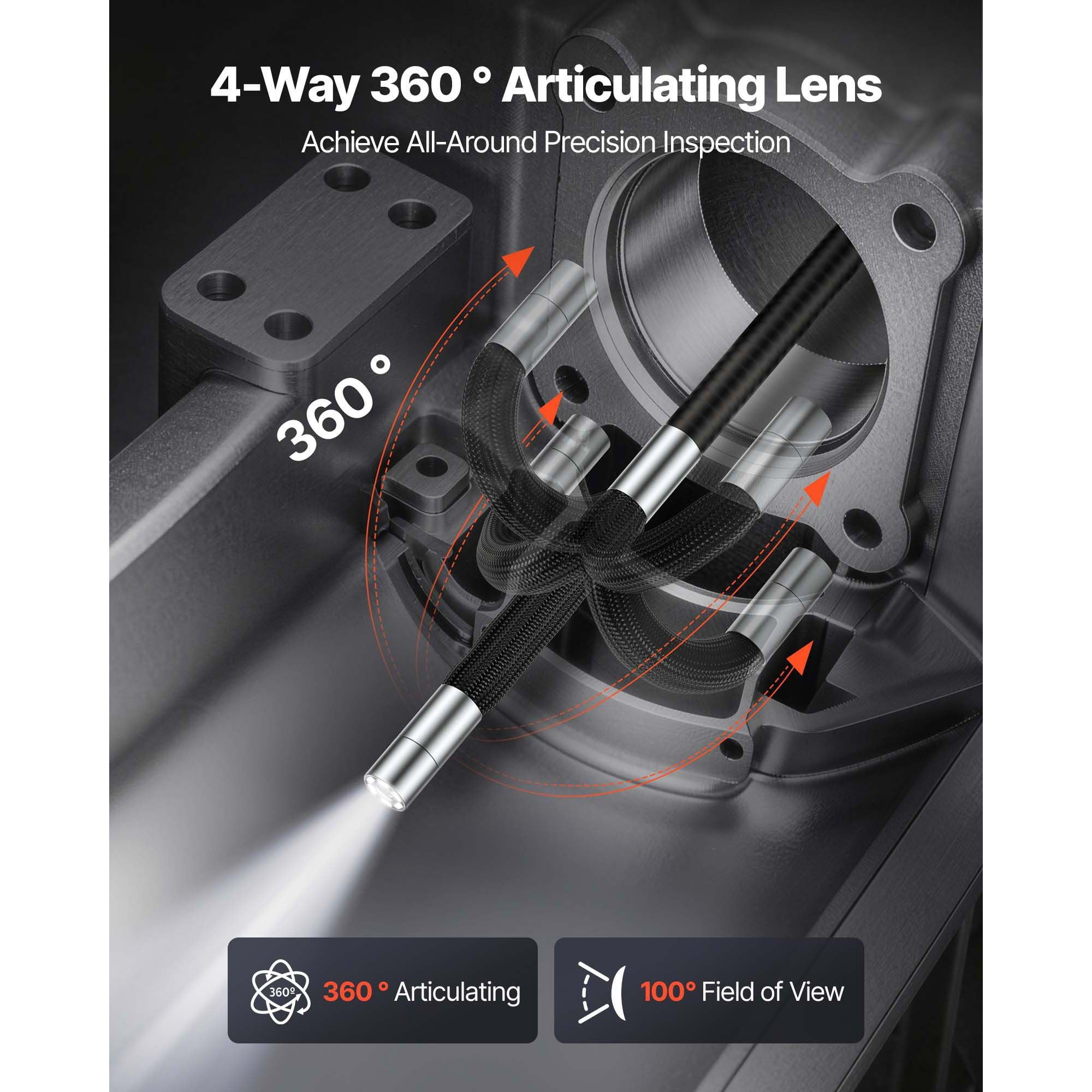 4-Way 360° Articulating camera, 6" HD IPS 1080p, 8X Zoom, 7000mAh, IP67, 4.9FT Snake for Auto & Plumbing
