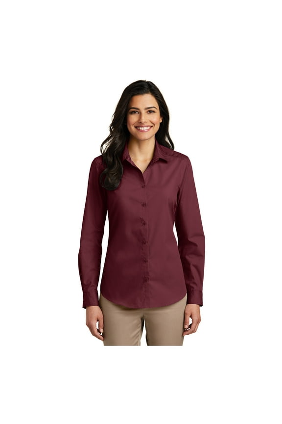 Womens Carefree Poplin Long Sleeve Shirt Burgundy X-Large