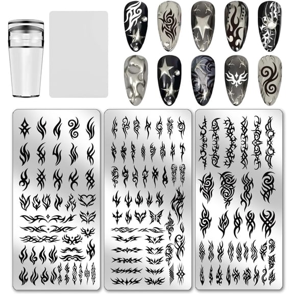 3pcs Tribal Style Nail Stamping Plates Swirl Pattern Nail Art Stencil Gothic Manicure Art Templates Flame Butterfly Nails Stamper Plate