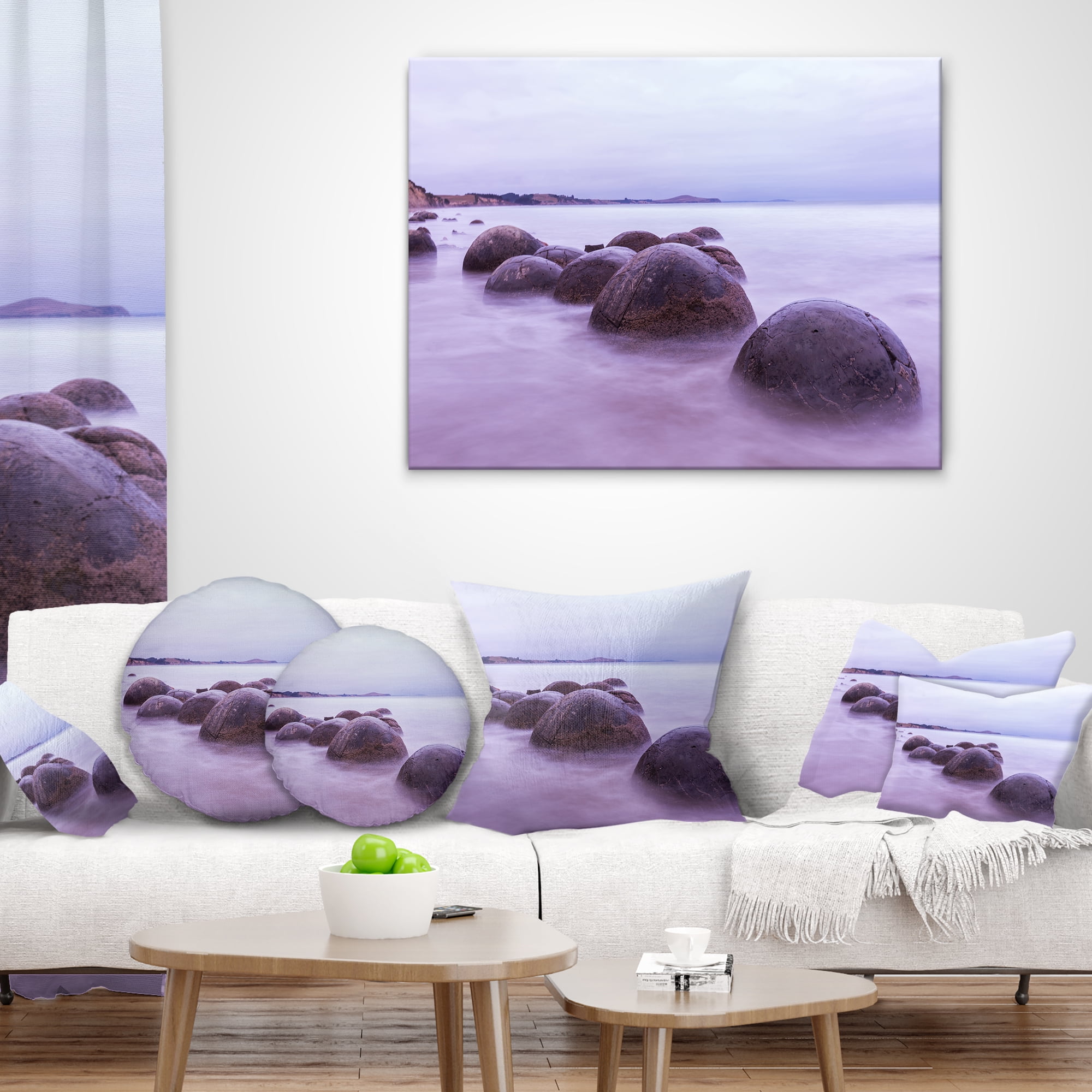 Designart Moeraki Boulders New Zealand - Seashore Photo Throw Pillow - 12x20
