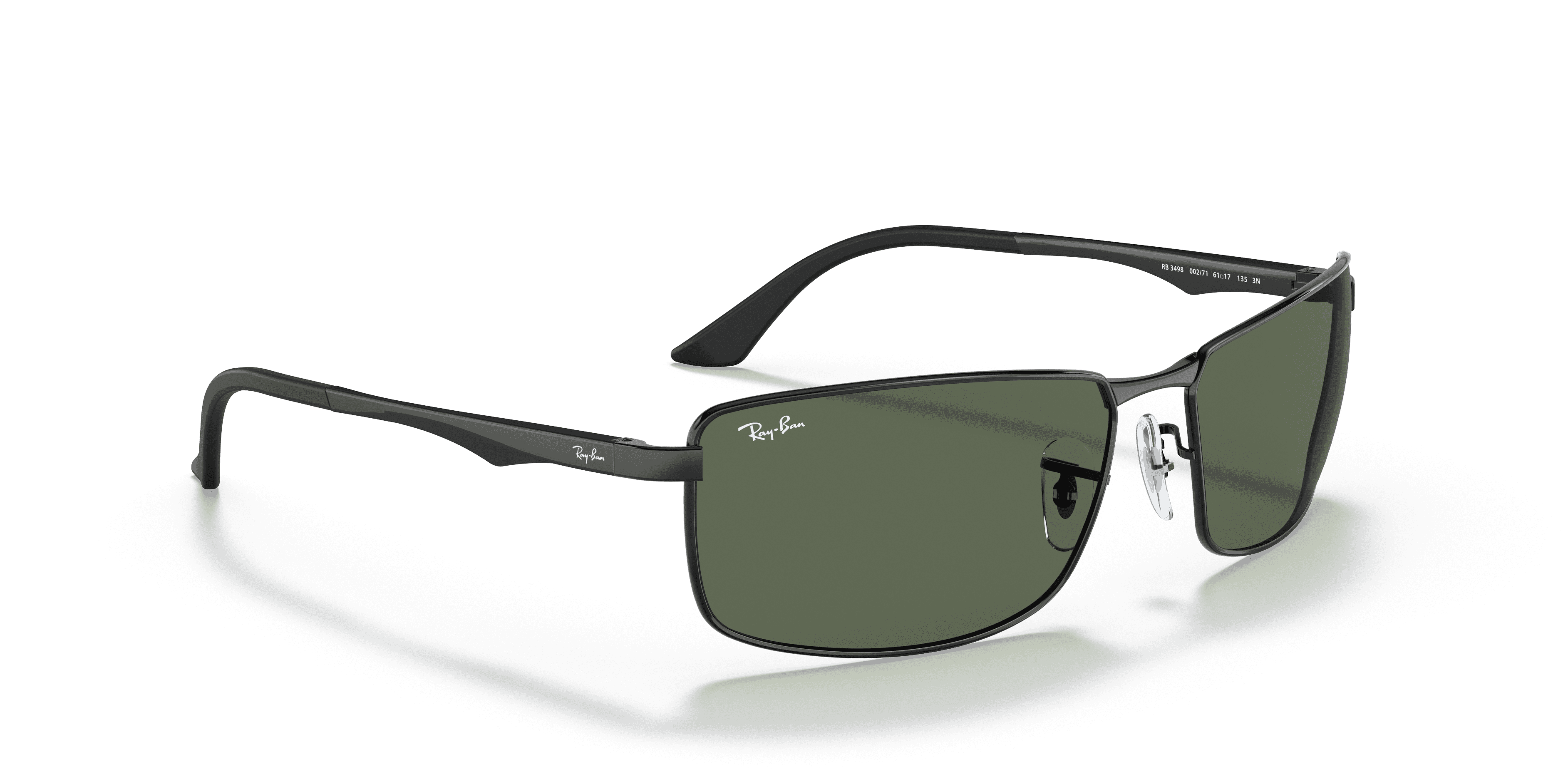 Ray-Ban RB3498 Rectangle Sunglasses, Sporty Square Eyeglasses with Case, Polished Black/Dark Green, Size 61