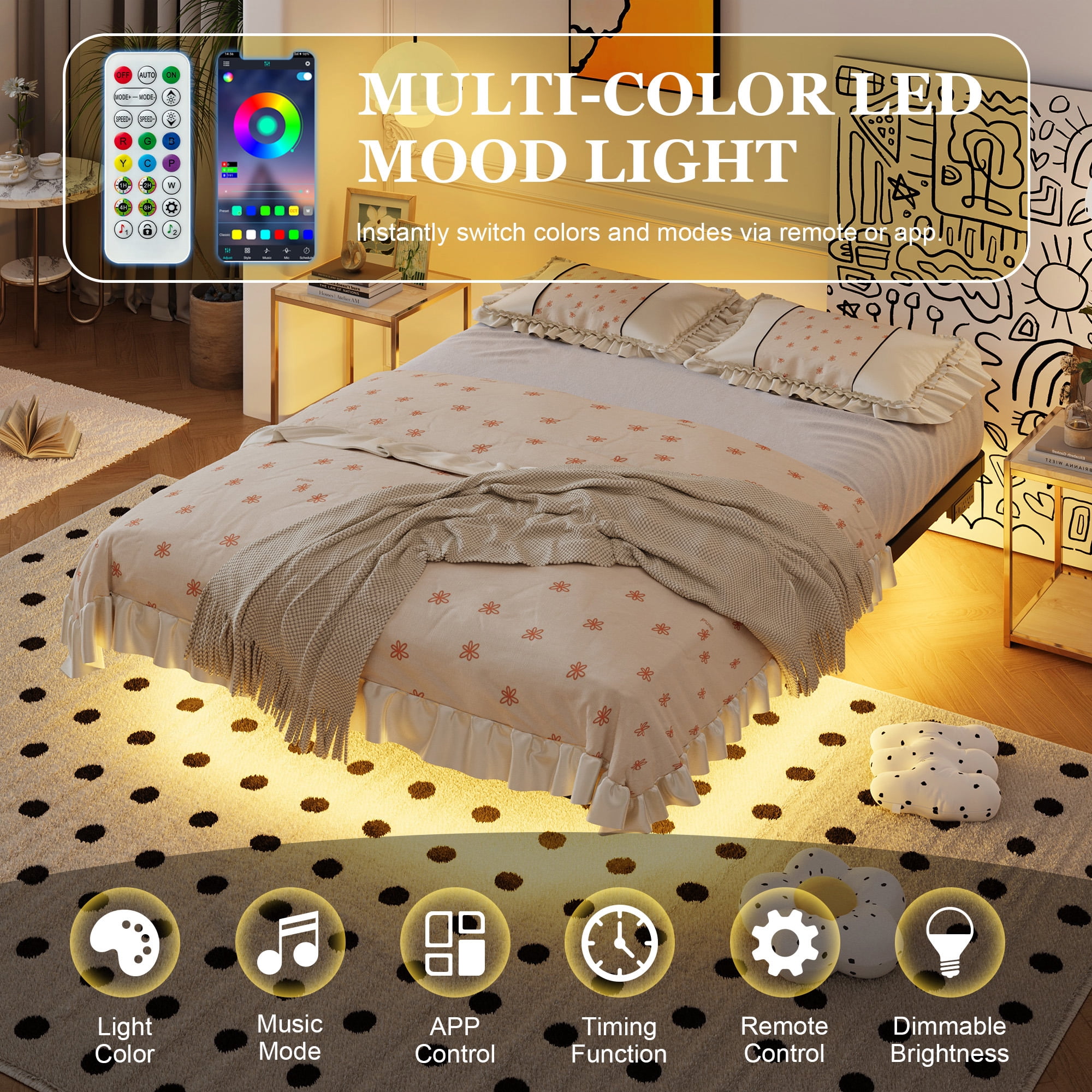 Amolife Heavy Duty Queen Size Floating Bed Frame with Smart LED Lights and Charging Station, Black
