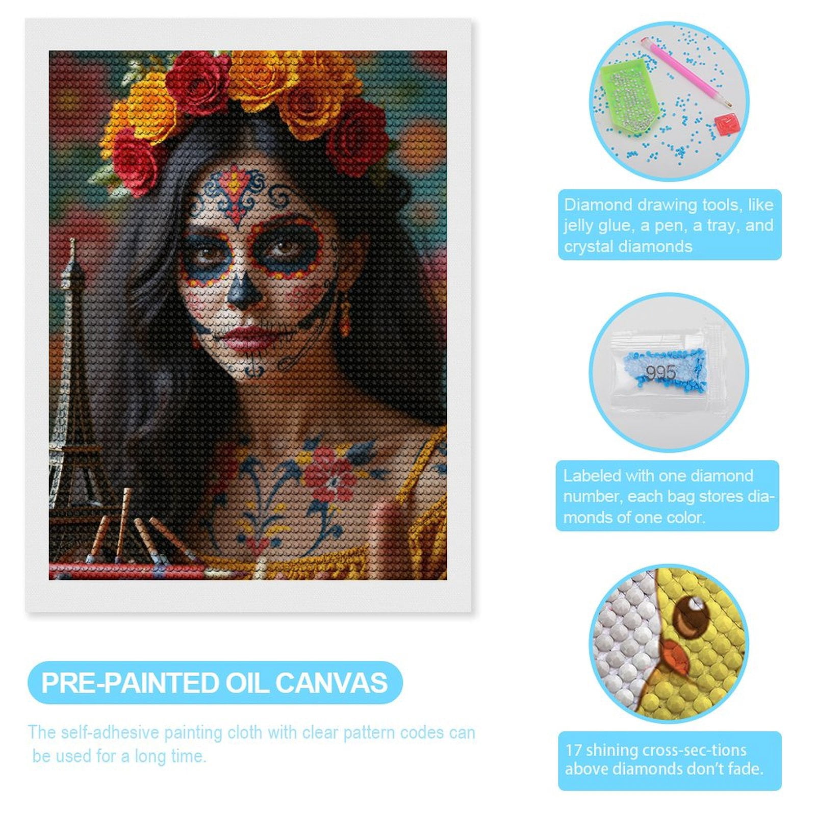 Diamond Art Kits for Adults, Colorful Floral Skull Face Art 5D Diamond Painting Kits for Adults Beginners, DIY Full Drill Diamond Painting, Gem Art and Crafts 12x16