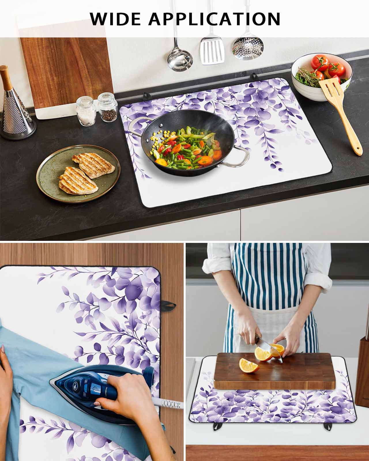 nqOlkjepod Large Induction Cooktop Protector Mat 36"x21", Purple Eucalyptus Leaves Stove Top Covers for Electric Stove, Watercolor Spring Botanical Stove Burner Cover Mats, Glass Top Stove Cover