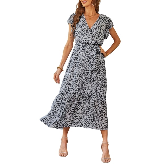 Vestido PRETTYGARDEN Cruzado con Cuello en V Floral con Cinturón Talle Pequeño