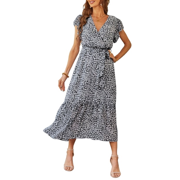 Vestido PRETTYGARDEN Cruzado con Volantes, Maxi Floral Negro Talla M