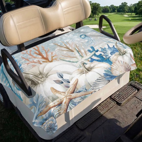Blue Coastal Fall Golf Cart Seat Covers, Thanksgiving Pumpkins Starfish Coral Golf Cart Seat Towel Cover for 2/4 Seater Bench Seats, Breathable Washable Dust & Sun Protection Seats Blanket 51''x31''