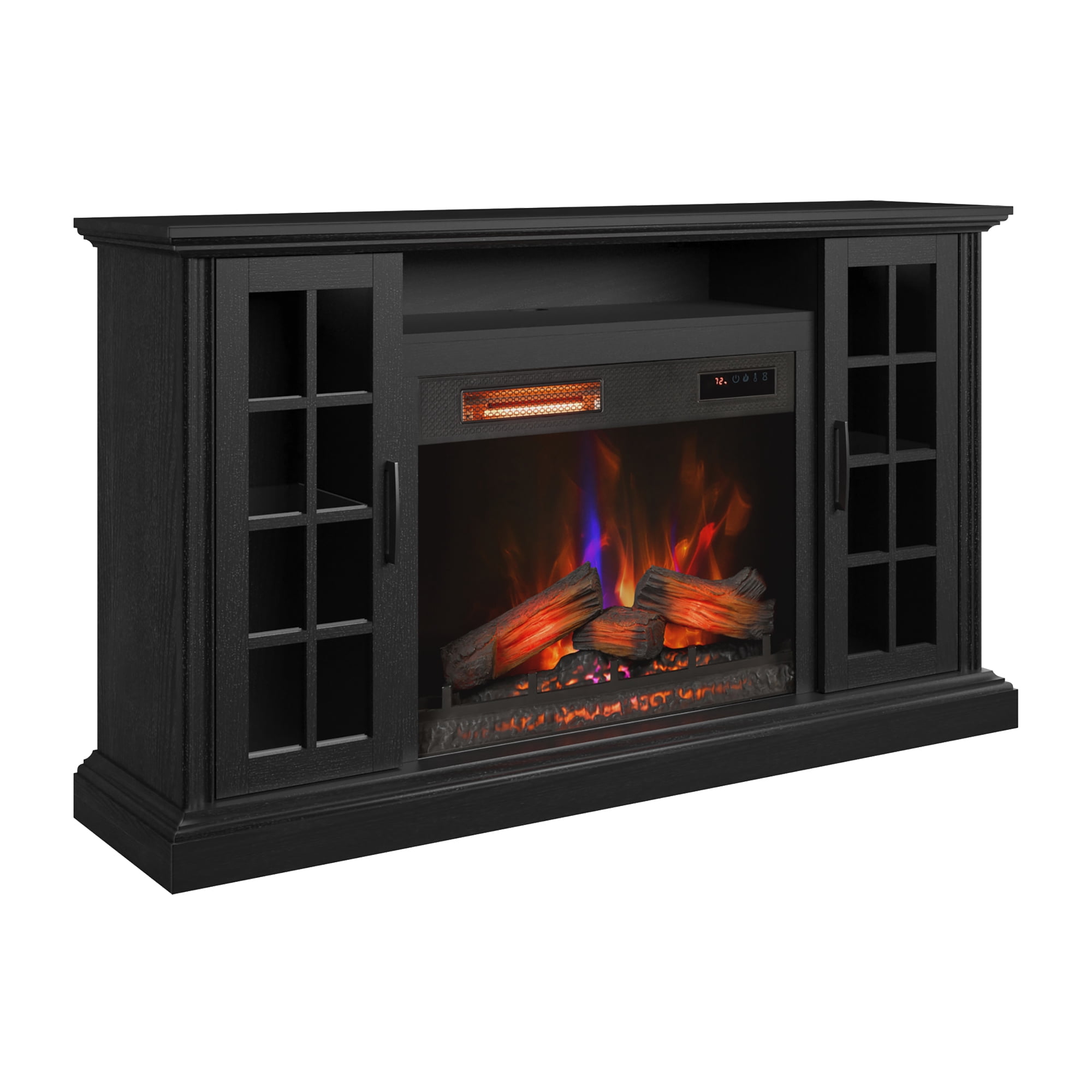 duraflame® Electric Fireplace Media Mantel for TVs up to 65 inches and Farmhouse Storage Cabinets, Black Embossed Ash