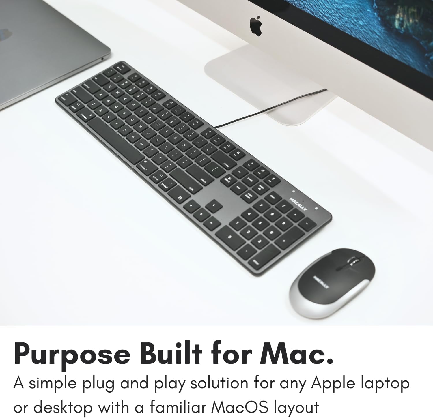 Macally Slim USB Wired Keyboard for Mac - Compatible Full Size Apple Keyboard with 104 Key Layout & 16 Shortcut Keys - Scissor Keycaps for Tactile Typing for Mac Mini, Macbook Pro / Air, iMac