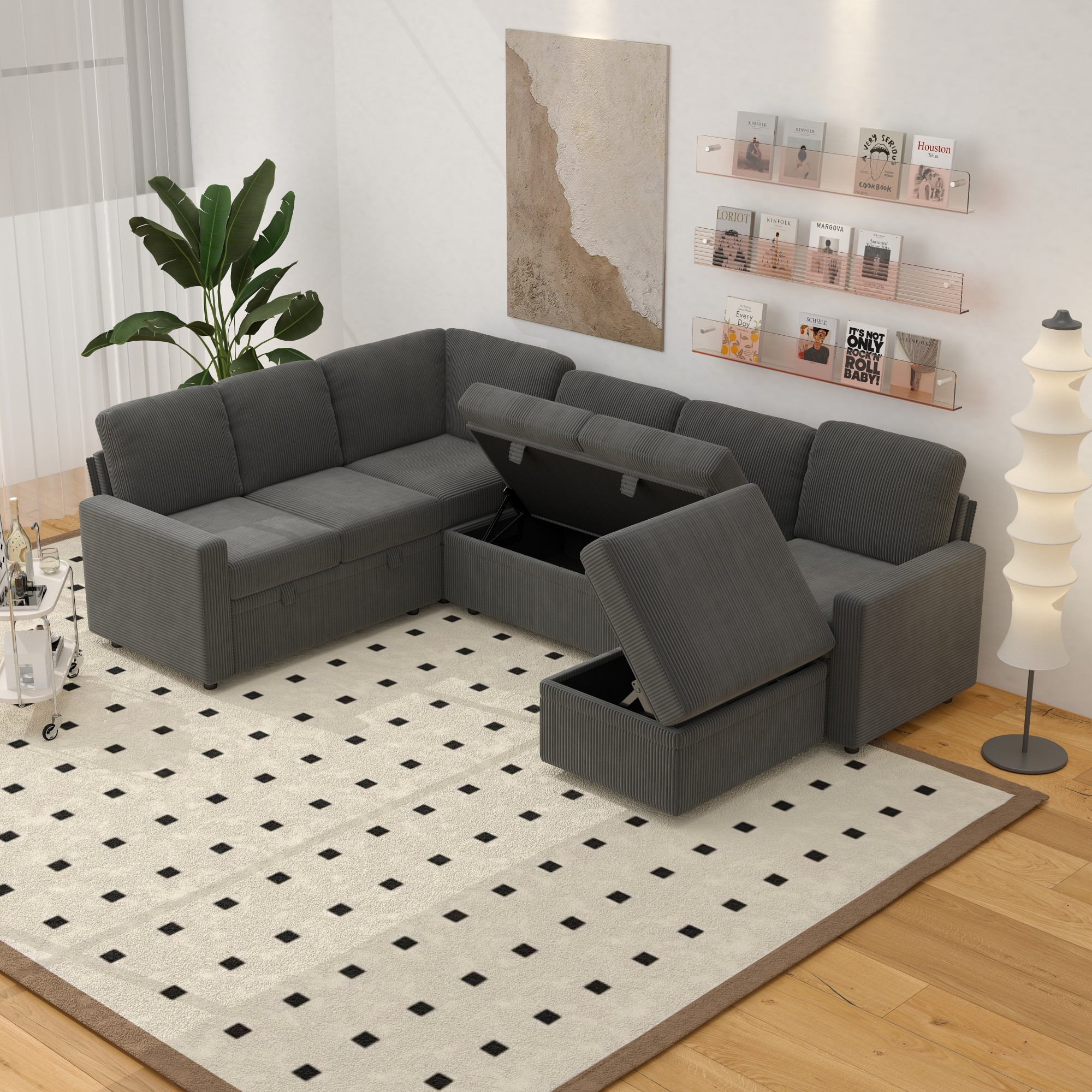 Gewnee 6-Seater Gray L-Shaped Convertible Sofa - Soft-Touch Corduroy Fabric,Multifunctional Storage, for Living Rooms & Halls（including 1 footstool）