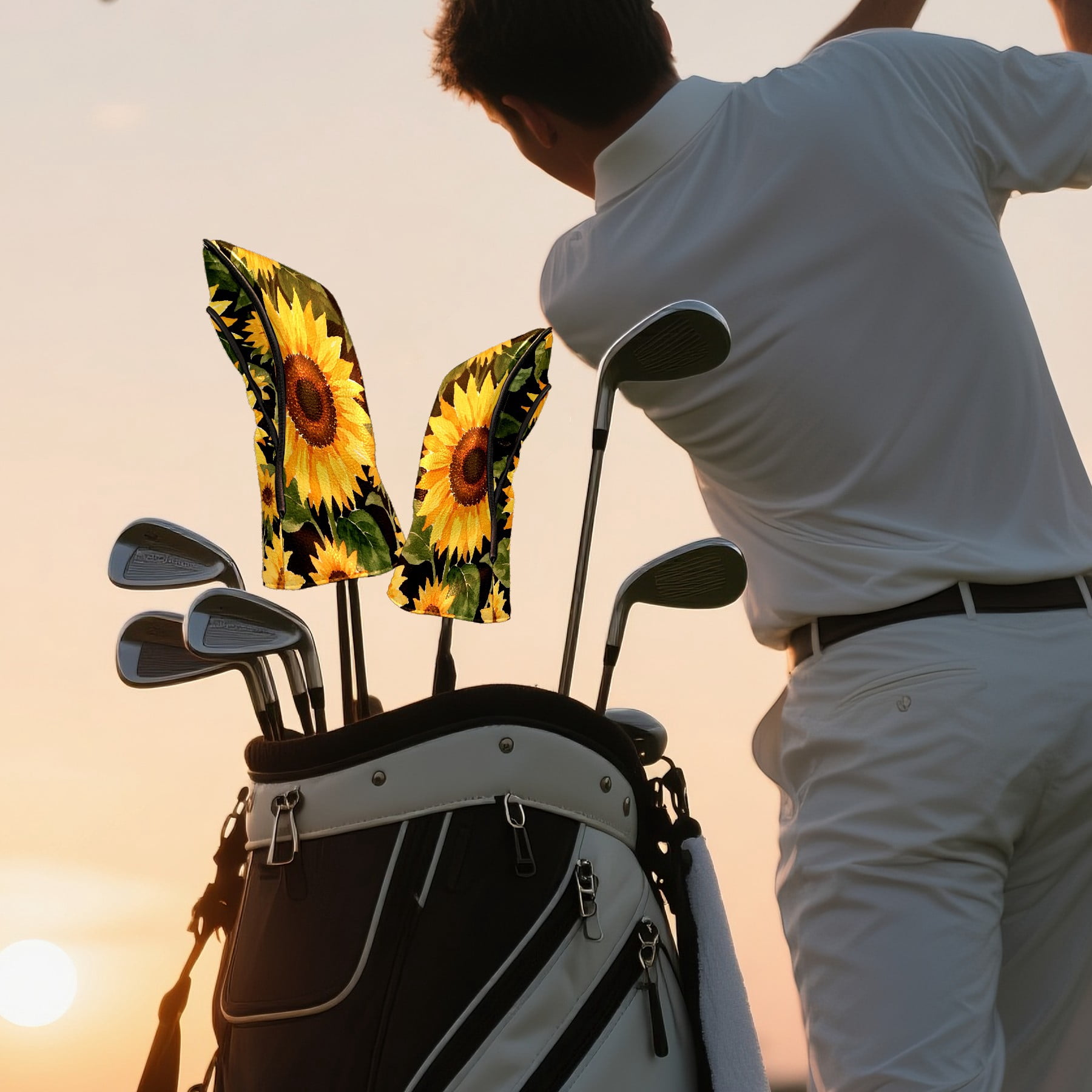 Golf Club Covers, Black Sunflower Premium PU Leather Driver Hybrid Putter Head Covers with Velvet Lining, Waterproof Golf Gifts for Men Women