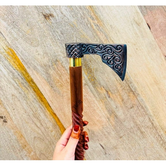 Antique Axe Viking Walking Stick Canes Red Wood Two Fold Unique Design Handle Best for Costume Men Women