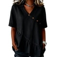 thumbnail image 3 of VBVC Women's Collared V-Neck Tunic Blouse, Ladies' Asymmetrical Button Ruffle Hem Shirt,Summer Short Sleeve Top For Women,Black,S-2XL, 3 of 6