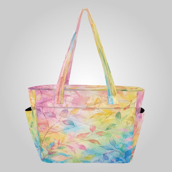 Quilted Tote Bag Large Capacity Multi-Compartment Handbag Lightweight Structured Shoulder Bag Versatile Casual Bag Rainbow Gradient Autumn Leaves