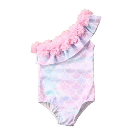 

allshopeBaby Girls One-piece Bathing Suit Fish Scale Print Swimsuit Ruffle Flower Neckline Swimwear