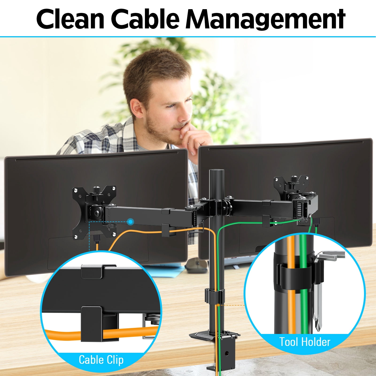 HOMOUNT Dual Monitor Desk Mount for Max 32 Inch, Adjustable Dual Monitor Arm for 2 LCD Screens, Monitor Stand with C-Clamp and Grommet Base, up to 17.6lbs
