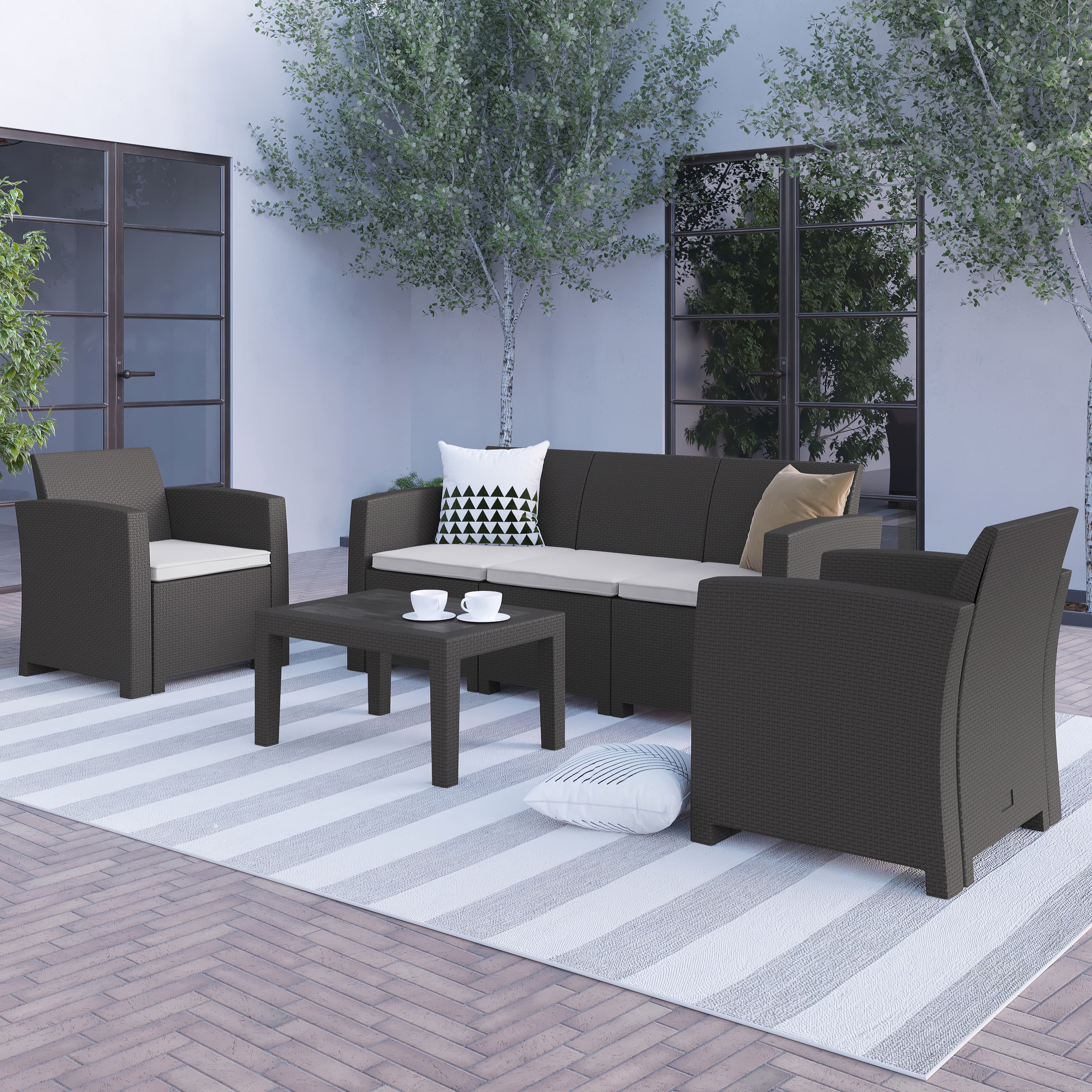 BizChair 4 Piece Outdoor Faux Rattan Chair, Sofa and Table Set in Dark