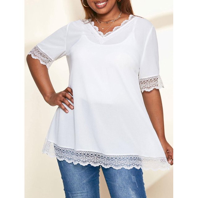 Blusa de adornos de encaje de cuello en V Rosegal Blusas Tallas Grandes