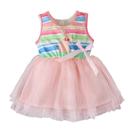 

GWAABD Casual Dress for Girls Pink Polyester Spandex Toddler Baby Kids Girls Easter Rabbit Bunny Bow Tulle Patchwork Princess Dresses 1-4Y 110