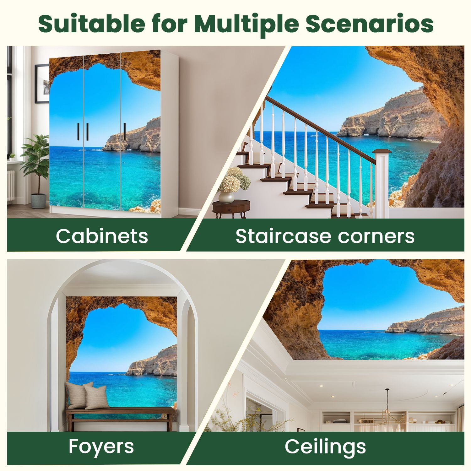 Peel and Stick Wallpaper Ocean Cave 3D Peel Stick Large Poster Kitchen Bedroom Living Room Home Modern Art Wall Mural Decor Self Adhesive and Removable 100in x 144in