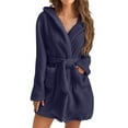 thumbnail image 1 of GESJQFZ Women Plush Hooded Shawl Collar Tie Waist Long Sleeve Bathrobe with Pockets, 1 of 7